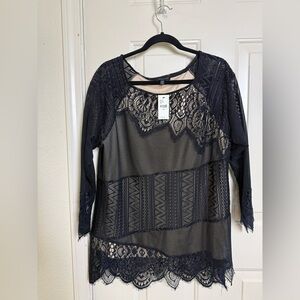 NEW Lane Bryant Black Lace Long Sleeve Nude Color Lining Top Size 18/20.
